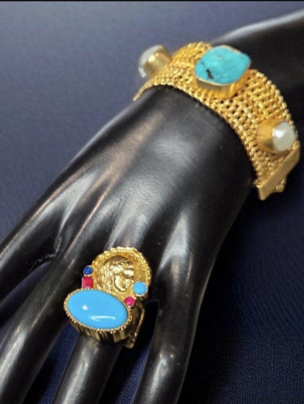 18k Matte Gold Plated Artisan Turquoise Freshwater Pearl Chunky Chain Bracelet - Picture 5 of 7